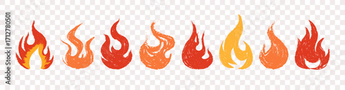 Crayon fire flame icon. Hand drawn vector illustration with red scribble stroke. Abstract hot flame silhouette for logo, punk doodle art, heat symbol, clipart, or graphic design element.
