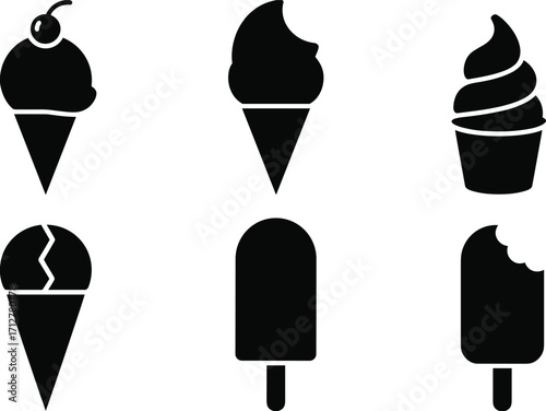 Ice Cream Cones and Popsicle Icons Set Keywords: ice cream, cone, popsicle, frozen, dessert, food, sweet, treat, icon, set