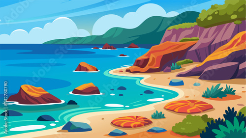 A rocky shoreline dotted with tide pools and small coves offering a glimpse of the vibrant marine life thriving just beyond the shore.