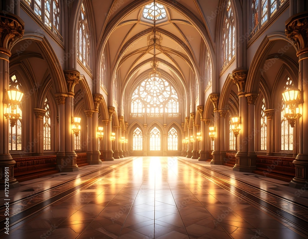 Obraz premium Grand cathedral interior, bathed in golden light