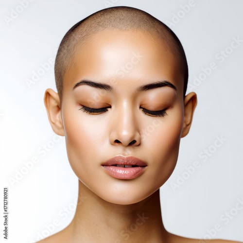 Studio portrait of a beautiful bald woman with flawless skin and natural makeup, symbolizing empowerment, elegance, and timeless beauty, perfect for fashion campaigns, skincare advertising, wellness