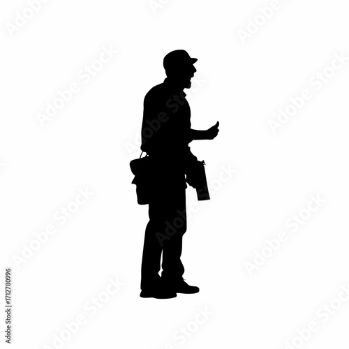 Roofing worker silhouette shouting instructions to ground crew isolated on white background