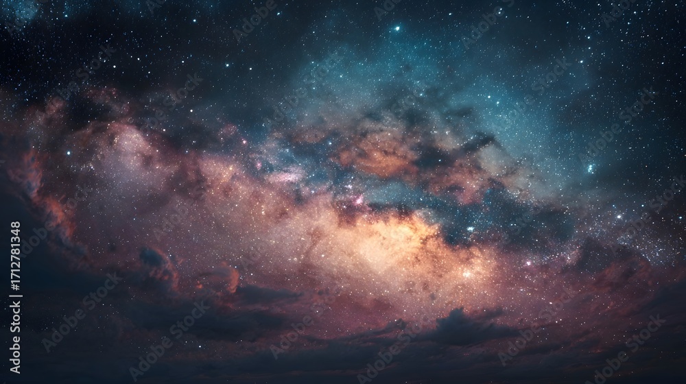 Fototapeta premium A breathtaking view of the vibrant Milky Way galaxy featuring swirling nebulae in orange pink and blue hues illuminated by countless stars across the vast expanse of the night