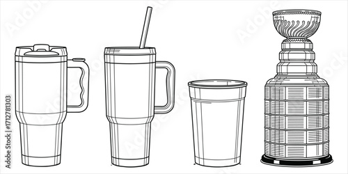 Line art drawings of travel mugs, a drinking cup, and the Stanley Cup trophy tumbler drinking vessel