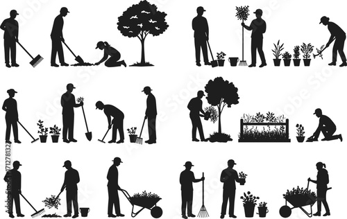 Gardening silhouette illustration set, people planting, watering, digging, raking, pruning, wheelbarrow, outdoor horticulture activity, farming tools, garden care design