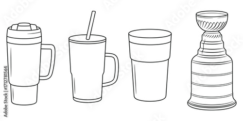 Line Drawing of Four Different Cups and a Trophy tumbler Stanley Cup