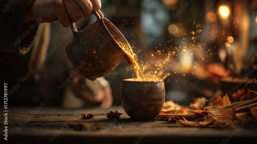 Barista styled cozy wizard, warm coffee shop, pouring glowing pumpkin spice latte, rustic mug, magical cinnamon sparks, autumn leaves counter, thematic café promotion, seasonal fantasy advertisement.