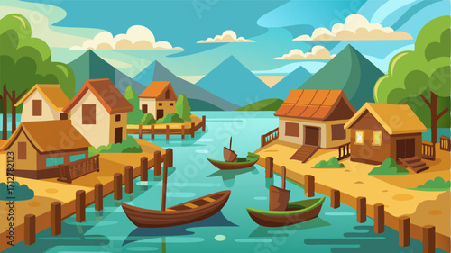 A rustic village by the river with wooden docks stretching out into the water and boats bobbing lazily against them.