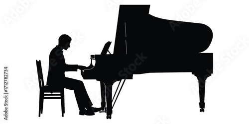 Silhouette of a Man Playing a Grand Piano on a White Background pianist