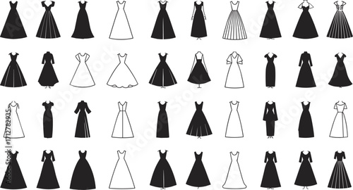 Collection of forty dress silhouettes in various styles, lengths, and sleeve types for fashion design, pattern making, and style reference illustration