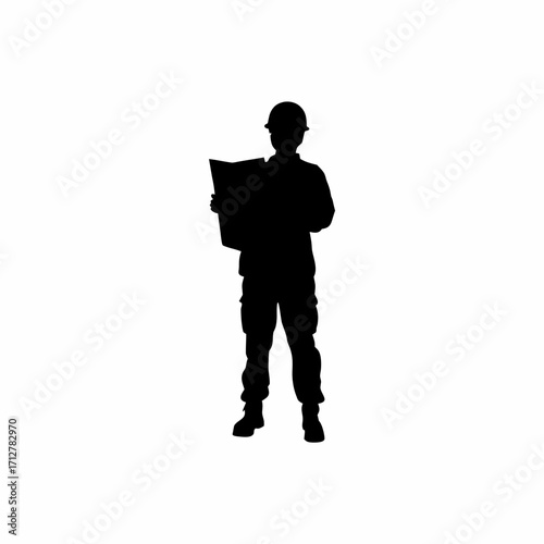 Silhouette of tbm operator with manual in tunnel isolated on white background