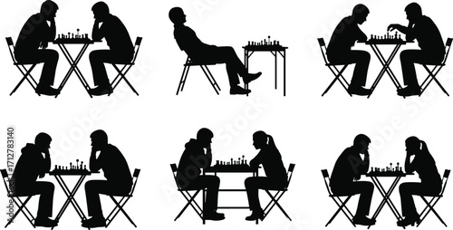 Silhouettes of people playing chess at tables outdoors game strategy