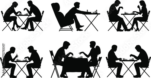 Silhouettes of people playing chess in various settings and poses game board game