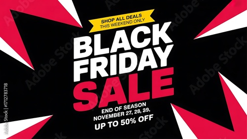 Black friday sale banner with shop all deals text and up to 50 off on a black background with red and white abstract elements