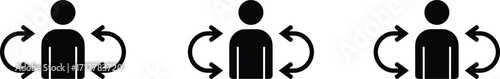 Three human icons with circular arrows on white background Keywords: people, figures, icons, symbols, arrows, circular, rotation