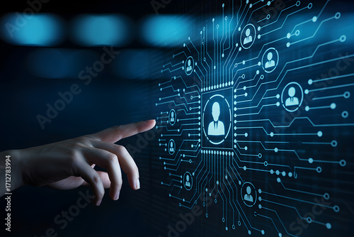 Finger interacts with digital interface displaying network of people for hr management system