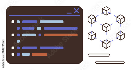 Coding interface panel and interconnected cube network. Ideal for blockchain, programming, software development, technology, data sharing, decentralization, innovation. Simple flat metaphor