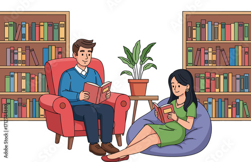 Cozy indoor reading scene with people, bookshelves, and plants for literature, relaxation, education, home library, and leisure lifestyle illustration