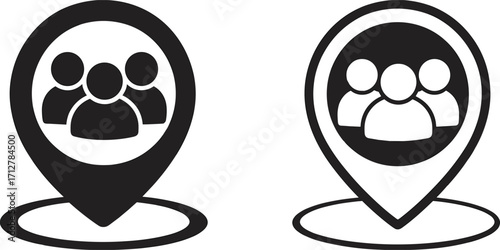 Two location pin icons with group of people silhouettes on white background Keywords: location, pin, map, marker, GPS
