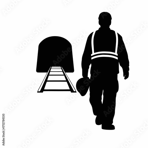 Silhouette of tbm operator walking with safety gear toward tunnel entrance isolated on white background