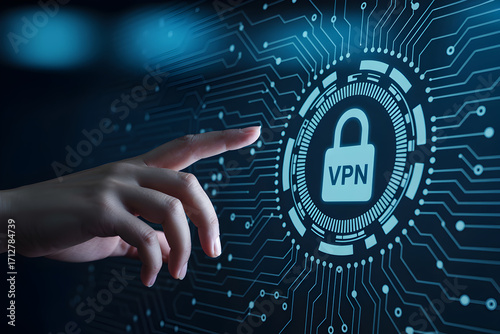 Hand touches a glowing vpn padlock icon on a digital circuit board for secure internet connection