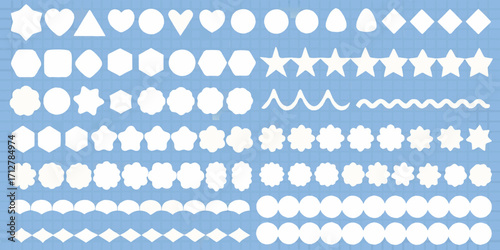 Collection of white geometric and decorative shapes on a blue grid background