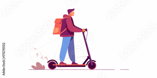 Young man with orange backpack riding electric scooter on white background