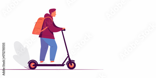 Young man wearing a backpack riding an electric scooter with motion blur effect on a white background
