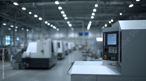 Advanced CNC Control Panel on a Gleaming Automated Factory Production Line.