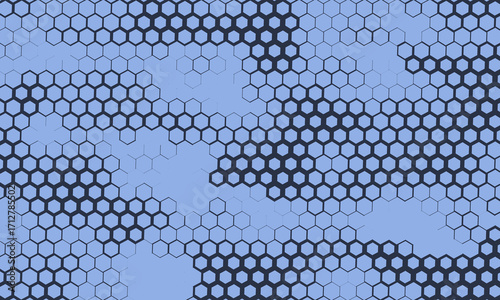 Hexagonal grid halftone pattern tilted gradient border ultra wide 32:9 aspect ratio dark blue vector abstract background. Hexagon half tone panoramic ultrawide format futuristic technology abstraction