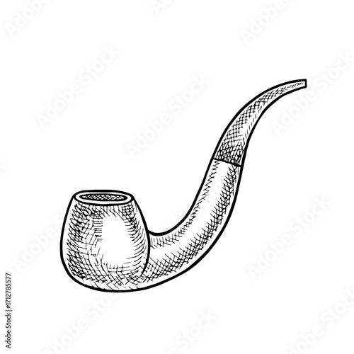 Smoking a tobacco pipe. Vector black and white illustration, hand-drawn in a graphic style. For logo, emblem, tattoo, poster, T-shirt, website, label and more.