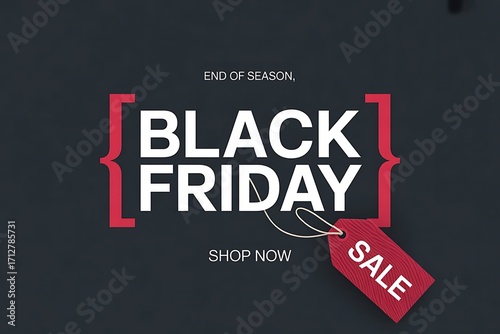 Black friday sale announcement with red tag and text on dark background, shopping promotion concept