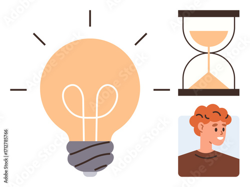 Light bulb radiating creativity, hourglass symbolizing time, individual profile suggesting thought. Ideal for innovation, time management, productivity, brainstorming, planning, deadlines