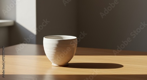 A simple, off-white ceramic bowl sits on a light beige wooden table, bathed in natural sunlight, casting a subtle shadow.