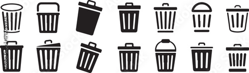 Trash Can Icon Set for Waste Management and Recycling with Various Styles and Designs
