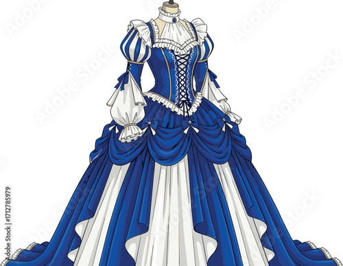 Elegant Victorian-era ball gown vector illustration featuring royal blue and white colors, lace-up bodice, puffed sleeves, cascading drapery, and ornate historical design