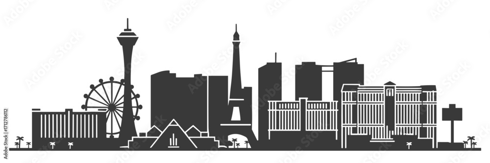 Obraz premium Wide panoramic vector illustration of Las Vegas skyline, simple black and white silhouette cityscape with famous landmarks and buildings in minimal flat design