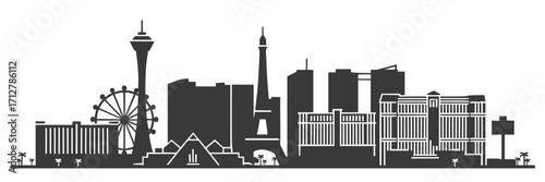 Wide panoramic vector illustration of Las Vegas skyline, simple black and white silhouette cityscape with famous landmarks and buildings in minimal flat design.
