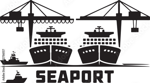 Seaport Vector Illustration with Cranes, Ships, and Maritime Elements on Transparent Backdrop