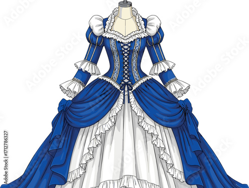 Elegant Victorian-era ball gown vector illustration featuring royal blue and white colors, lace-up bodice, puffed sleeves, cascading drapery, and ornate historical design
