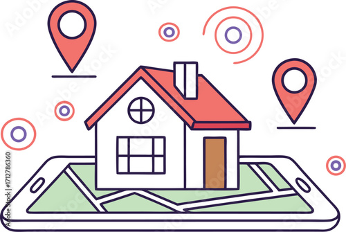 Scalable vector illustration of a house on a smartphone map app with location pins for real estate