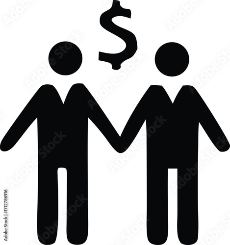 Two silhouettes holding hands under a dollar sign symbolizing financial partnership business collaboration and joint ventures