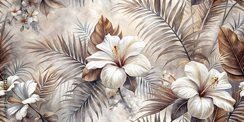 Abundant White Hibiscus and Palm Leaves in a Soft, Earthy Palette tropical flowers foliage