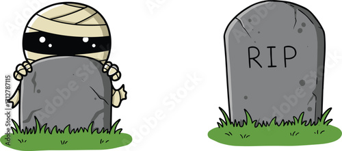 Cute Halloween mummy cartoon peeking from behind tombstone illustration with RIP gravestone, spooky graveyard design, funny scary cemetery Halloween decoration
