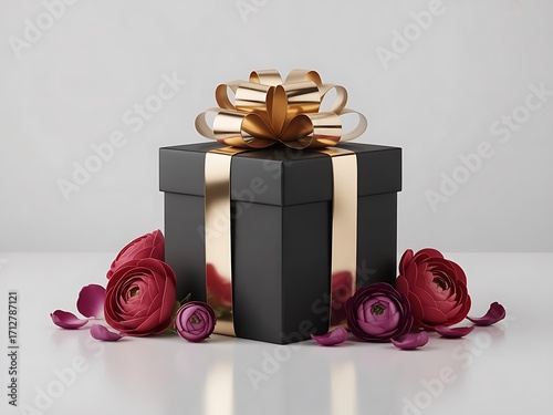 Elegant black gift box with a golden ribbon and bow, surrounded by deep red and purple ranunculus flowers and petals, isolated on a white background