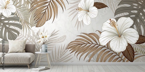 Interior scene with a sofa and a wall mural of tropical leaves and white hibiscus flowers room couch