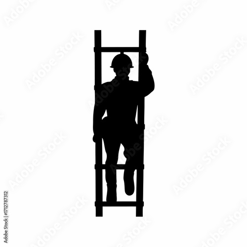 Tunnel worker silhouette climbing tbm ladder with headlamp isolated on white background