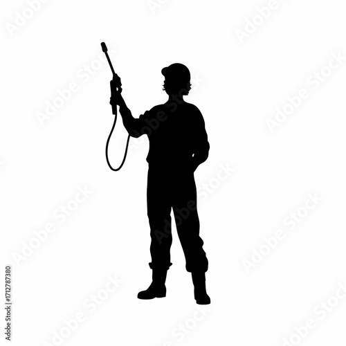 Silhouette of tunnel worker spraying lubricant on boring machine joints isolated on white background