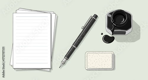 Classic fountain pen, inkwell, and paper stack evoke timeless writing and creative inspiration for your projects.