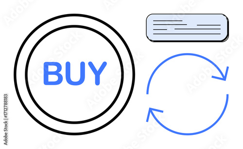 Blue Buy button in a circular outline, horizontal text box, and rotating arrows in a loop. Ideal for commerce, transactions, decision-making, refresh, cycle, automation simple flat metaphor